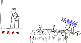 A cartoon of a political rally, with someone in the crowd holding up a banner reading "[Citation needed]"