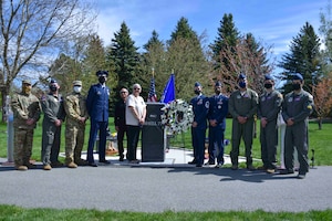 Lawrence and Michelle Castro, Capt. Victoria Pinckney’s parents, pose for a photo with 93rd Air Refueling Squadron Airmen, May 4, 2020, on Fairchild Air Force Base, Wash.