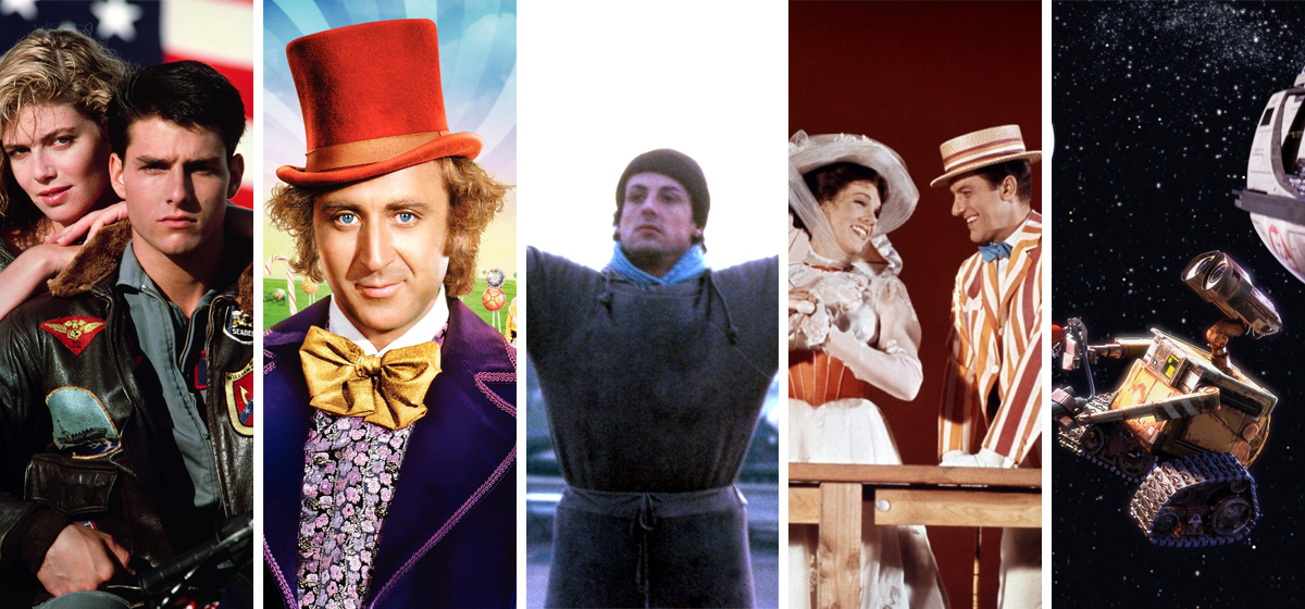 Promotional images from the films Top Gun, Willie Wonka and the Chocolate Factory, Rocky, Mary Poppins and Wall-E