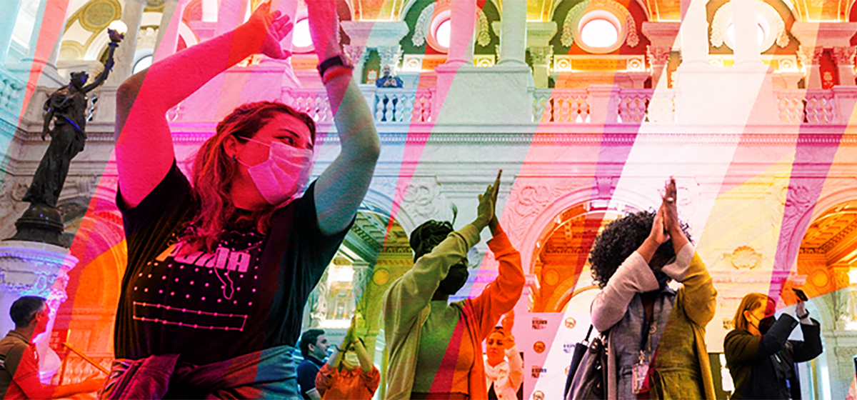 A colorful collage of dancers, illustrating the "Live at the Library" program