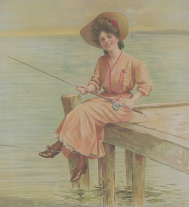 Woman in a dress and hat sitting on a dock with a fishing pole.