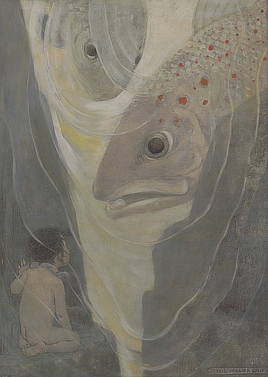 A small boy sits underwater and watches two large fish who are approaching him.