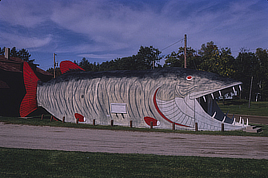 Large building shaped like a fish with its mouth open.