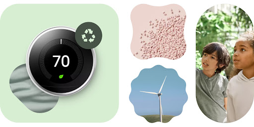 Collage of a Nest Thermostat, recycled materials, a windmill, and a runner enjoying the great outdoors