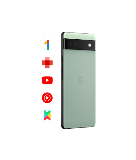 Back of Pixel phone with icons of services included with Pixel Pass