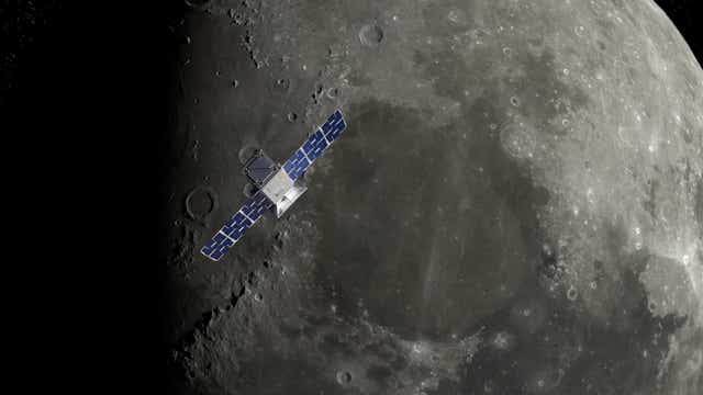 <p>An artist’s conception of Nasa’s Capstone spacecraft in orbit around the Moon</p>