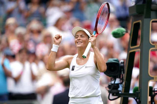 <p>Germany’s Tatjana Maria celebrates after reaching the semi-finals of Wimbledon</p>