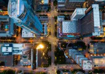 birds eye view looking straight down into a city at night