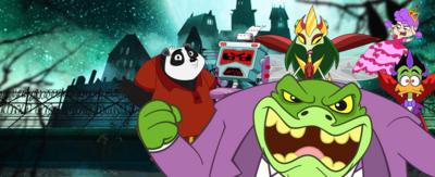 A green frog wearing a purple jacket snarls with characters behind him A panda in a red top looking confused, a robotic toilet looking angry, a Queen bug with wings and green hair, a flying poodle in a pink dress and a vampire duck wearing a cape. (Baron Von Greenback, Pandaminion, Dr Loocifer, Queen of Weevils, The Princess, and Count Duckula). 