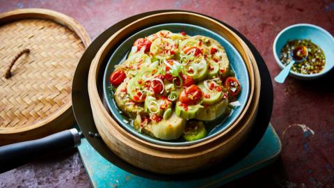 Steamed aubergine and courgette with chilli dressing