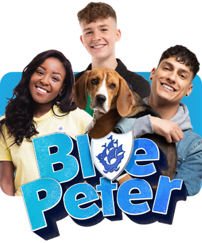 The blue Peter presenters: Adam, Mwaksy, Richie and Henry, the Blue Peter dog.