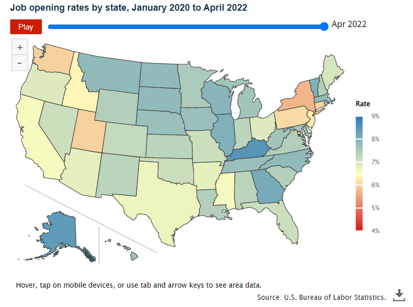 Job openings rates by state, seasonally adjusted, April 2012 to April 2022