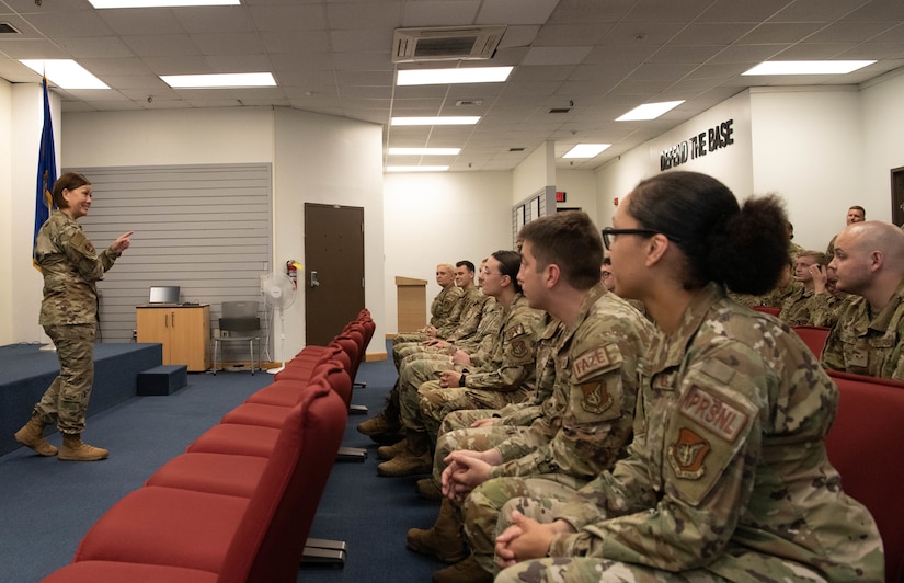 Chief Master Sgt. of the Air Force JoAnne S. Bass, speaks with Airmen Leadership School students at Kunsan Air Base, Republic of Korea, June 27, 2022. During her visit, Bass met with Airmen, Wing leaders, and recognized service members for their outstanding achievement. (U.S. Air Force photo by Staff Sgt. Sadie Colbert)