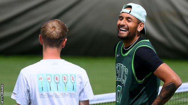 Nick Kyrgios practises at Wimbledon before his appearance in the final at the All England Club