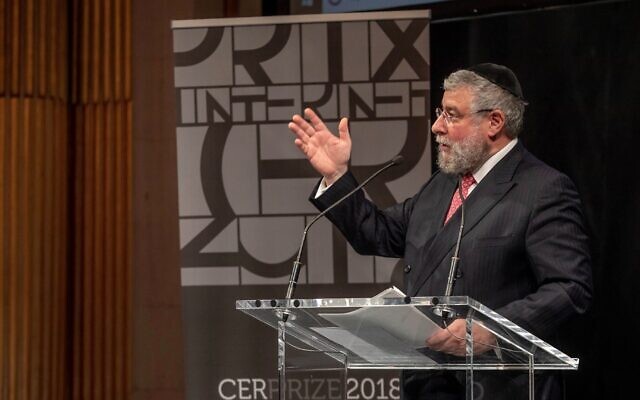 Rabbi Pinchas Goldschmidt delivers a speech in Paris, France on Oct. 10, 2018. (Conference of European Rabbis via JTA)