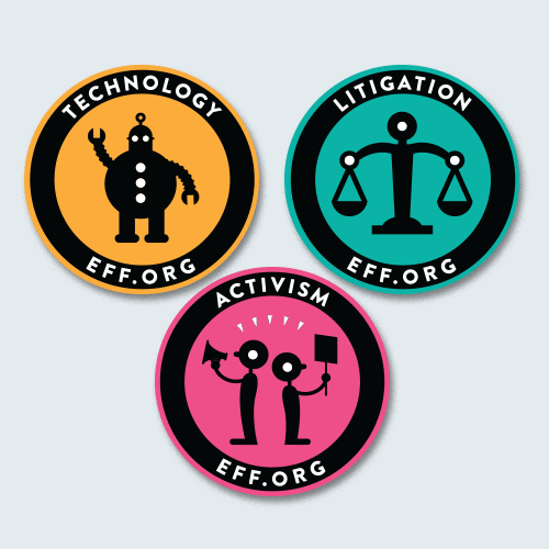 A set of three Internet Action Patches. Yellow/Technology, Pink/Activism, Teal/Litigation.