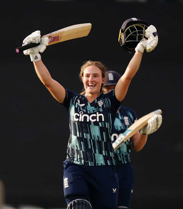England’s Emma Lamb celebrates her maiden One-Day International century against South Africa (Mike Egerton/PA)