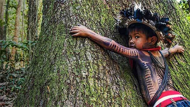 infant hugging a tree