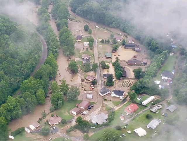 <p>Aerial footage shows flooding in Pilgrim’s Knob, Virginia, a small community in rural Buchanan County </p>