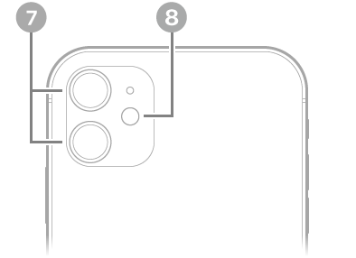 El frente del iPhone 11. La cámara trasera y el flash están en la esquina superior izquierda.