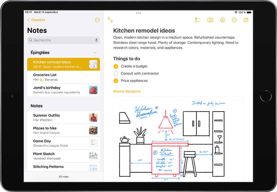 L’iPad en orientation paysage et affiche l’app Notes. La liste des notes apparaît sur la gauche et la note sélectionnée est ouverte sur la droite. Dans le coin supérieur gauche de la liste des notes se trouve une flèche de retour que vous pouvez toucher pour afficher les dossiers et les comptes. En haut à droite de la note se trouvent des boutons pour ajouter une liste de pointage, ajouter une photo ou scanner un document, afficher les outils d’écriture et créer une note.