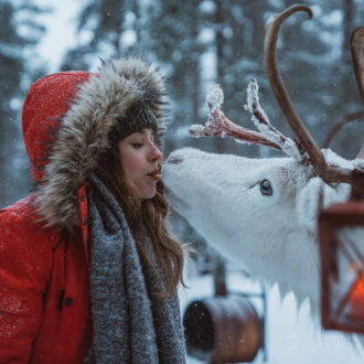 A girl in a red winter coat feeding a cookie to a white reindeer from her mouth.