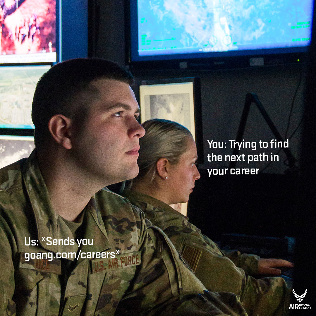 A meme highlighting an Airman posing for a side profile shot as he conducts cyber intelligence training.
