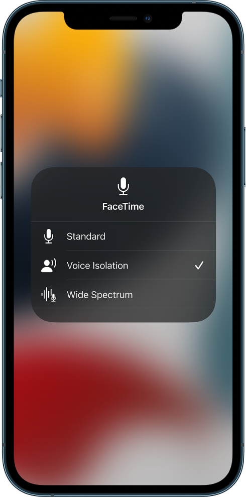 The Control Center Mic Mode settings for FaceTime calls, showing the audio settings Standard, Voice Isolation, and Wide Spectrum.