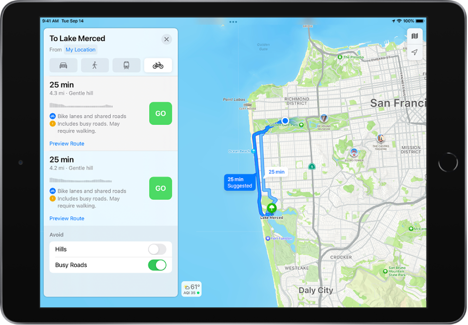 A map with two cycling routes, each listed with a Go button in the route card on the left.