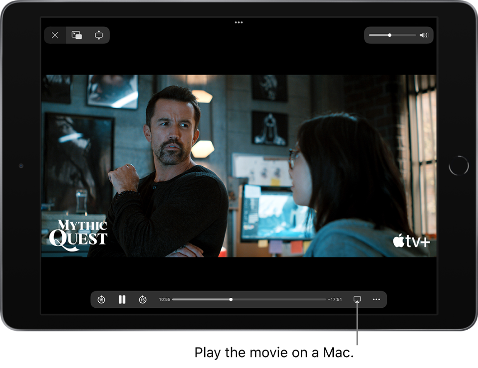 A movie playing on the iPad screen. At the bottom of the screen are the playback controls, including the AirPlay button near the bottom right.