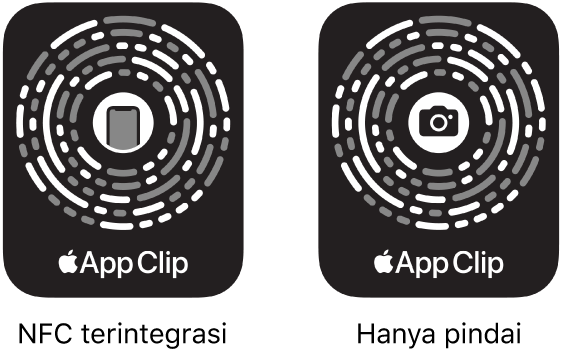 Di sebelah kiri, Kode Cuplikan App terintegrasi NFC dengan ikon iPhone di pusatnnya. Di sebelah kanan, Kode Cuplikan App hanya pindai dengan ikon kamera di pusatnnya.