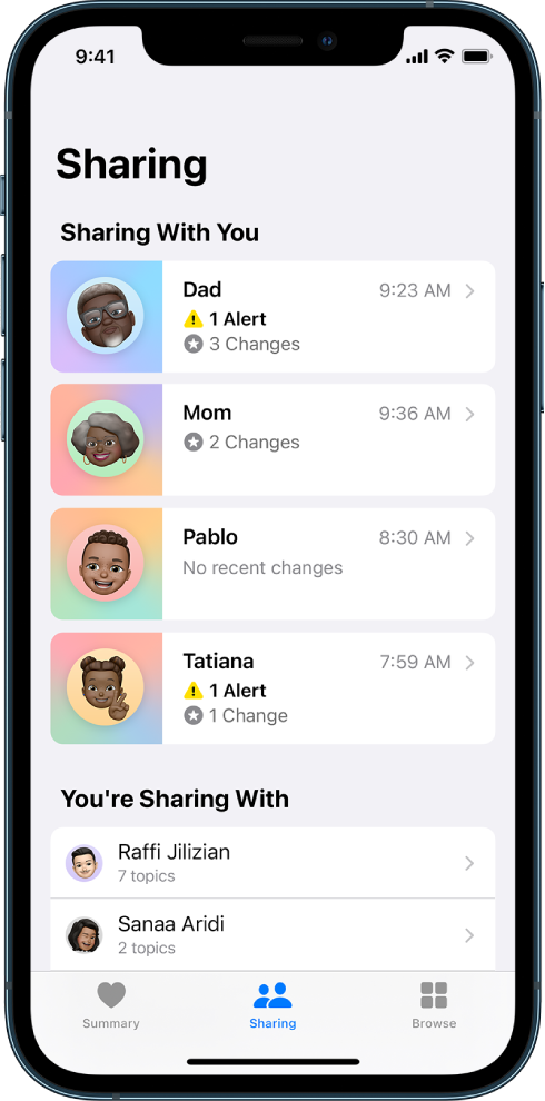 The Sharing screen in the Health app. In the middle of the screen, from top to bottom is a list of Sharing With You contacts that includes information such as Alert, Changes, and No recent changes. Below that is a list of You’re Sharing With contacts. Below each contact is the number of topics being shared with that contact. At the bottom of the screen are, from left to right, the Summary, Sharing, and Browse buttons. Sharing is selected.