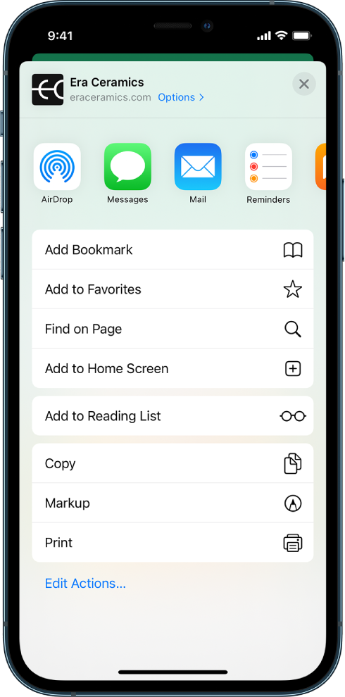 The Share menu. Across the top are apps that can be used to share links. Below is a list of other options, including Add Bookmark, Add to Favorites, Find on Page, Add to Home Screen, and Add to Reading List.