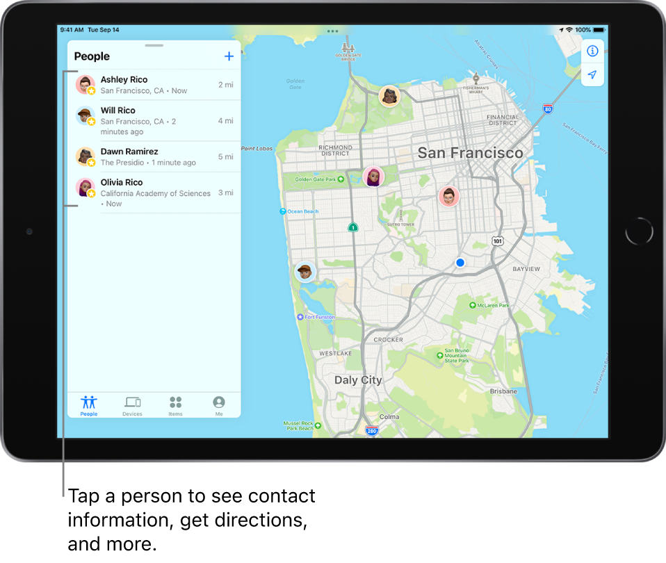 The Find My screen open to the People list. There are four people in the list: Ashley Rico, Will Rico, Dawn Ramirez, and Olivia Rico. Their locations are shown on a map of San Francisco.