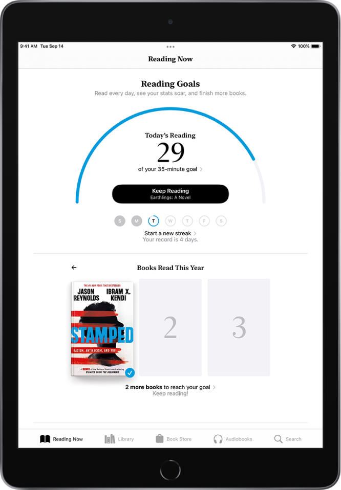 The Reading Goals section in Reading Now. The reading counter shows that 10 minutes of a 20-minute goal have been completed. Below the counter is a Keep Reading button, and circles that show the days of the week, Sunday through Saturday. The circles for Sunday and Monday are blue, indicating the reading goal was achieved. The circle for Tuesday is outlined half way around the circle, indicating the progress for that day. The circles for Wednesday through Saturday are gray. The middle of the screen shows Books Read This Year. Three squares, indicate a reading goal of three books. A book cover fills one square, indicating one read book for the year.