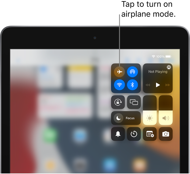 The Control Center screen showing that tapping the top-left button turns on airplane mode.