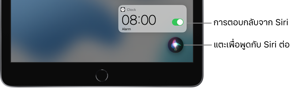 Siri บนหน้าจอโฮม การแจ้งเตือนจากแอปนาฬิกาแสดงให้เห็นว่าการตั้งปลุกเปิดใช้แล้วสำหรับเวลา 8.00 น. ปุ่มที่อยู่ด้านขวาล่างสุดของหน้าจอจะใช้เพื่อพูดกับ Siri ต่อ