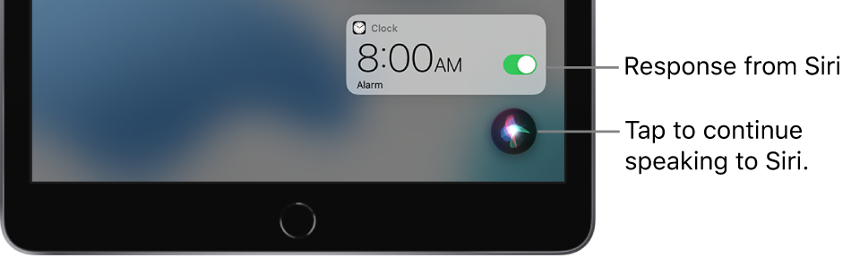 Siri on the Home Screen. A notification from the Clock app shows that an alarm is turned on for 8:00 a.m. A button at the bottom right of the screen is used to continue speaking to Siri.