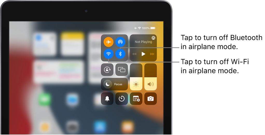 Control Center with airplane mode on. The buttons for turning off Wi-Fi and Bluetooth are near the upper-left corner of Control Center.