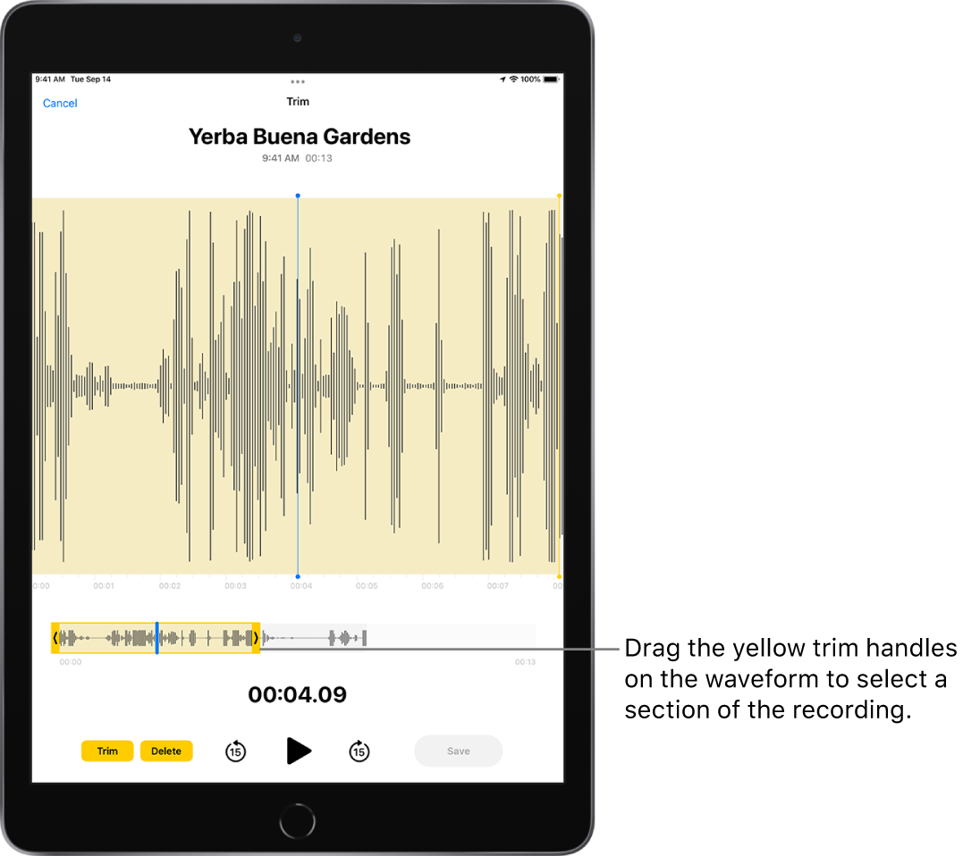 A recording is being trimmed, with the yellow trim handles enclosing a portion of the audio waveform at the bottom of the screen. A Play button and a recording timer appear below the waveform and trim handles.