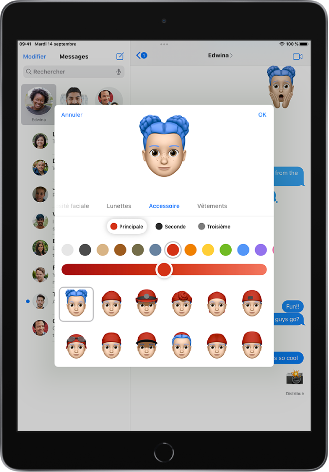 L’écran de création d’un Memoji, montrant un personnage en cours de création en haut, les caractéristiques physiques sous le personnage et les options de personnalisation pour la caractéristique sélectionnée en dessous. Le bouton OK se trouve en haut à droite et le bouton Annuler est en haut à gauche.