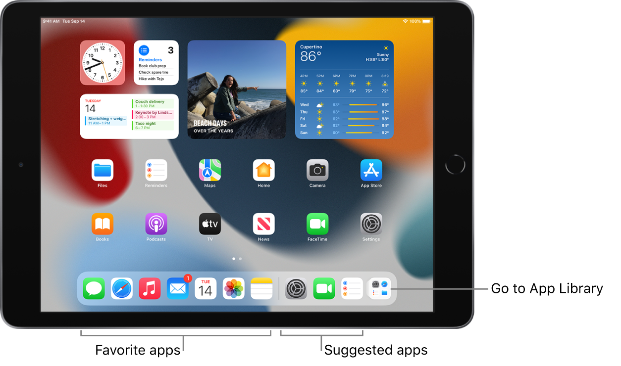 The Dock showing seven favorite apps on the left and three suggested apps on the right. The rightmost icon in the Dock opens App Library.