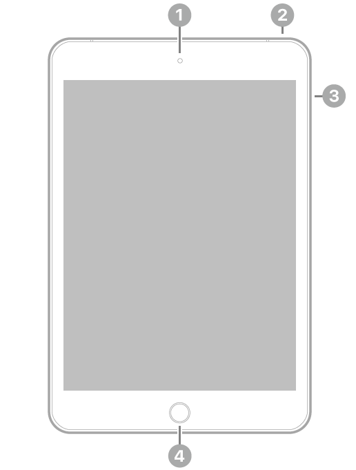 The front view of iPad mini with callouts to the front camera at the top center, the top button at the top right, the volume buttons on the right, and the Home button/Touch ID at the bottom center.
