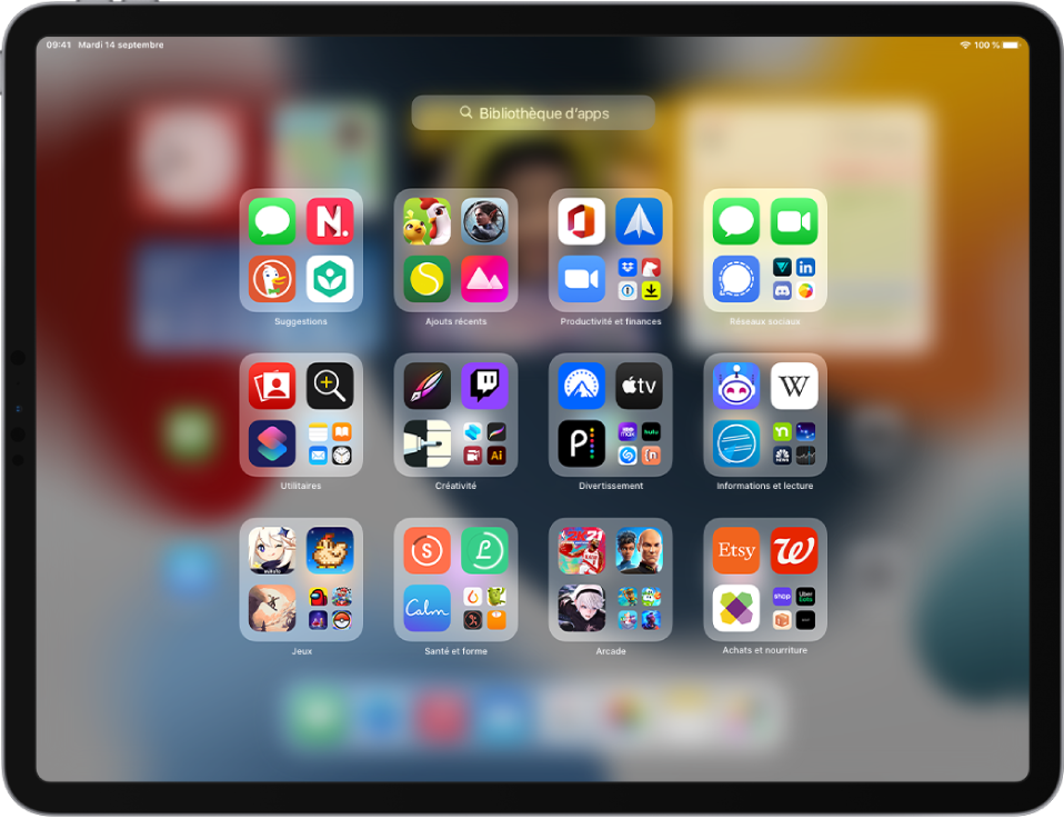 La bibliothèque d’apps sur l’iPad affichant les apps organisées par catégorie (« Productivité et finances », Réseaux sociaux », Utilitaires, Créativité, etc.).
