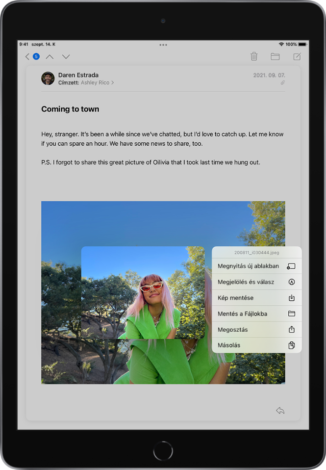 Egy e-mail meg van nyitva, és egy melléklet kijelölve látható a lehetséges műveletek listájával. A következő opciók állnak rendelkezésre: Megnyitás új ablakban, Megjelölés és válasz, Kép mentése, Mentés a Fájlokba, Megosztás és Másolás.