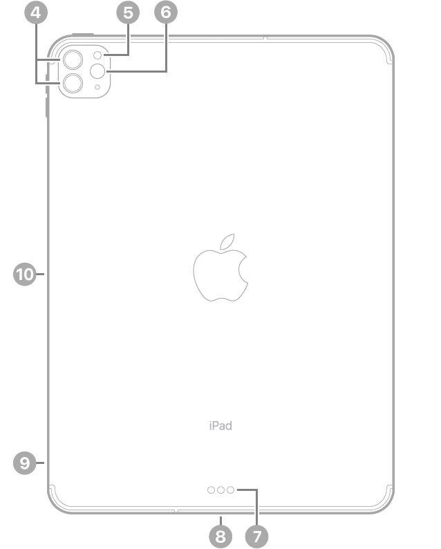 Az iPad Pro hátulnézete, amelyen a feliratok bal felső részen lévő hátsó kamerákra és a vakura, a készülék aljának közepén lévő Smart Connectorra és a USB-C-csatlakozóra, a bal alsó részen lévő SIM-tálcára (Wi-Fi + Cellular), valamint az Apple Pencil bal oldalon lévő mágneses csatlakozójára mutatnak.