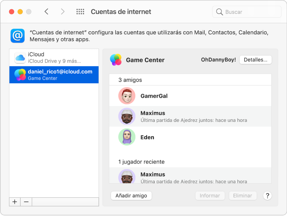 Una cuenta de Game Center seleccionada en “Cuentas de internet”, con varios amigos con quienes jugar a la derecha.