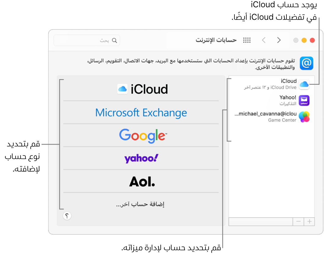 تفضيلات حسابات الإنترنت وهناك حسابات مدرجة على اليسار وأنواع الحسابات المتوفرة مدرجة على اليمين.