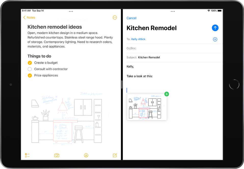 A Split View with Notes open on the left and an email open on the right. A photograph from Notes is dragged into the email.