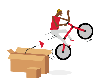 illustration of a person on a bike jumping out of a shipping box